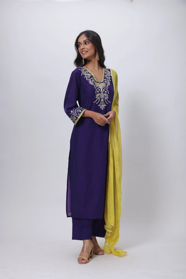 Violet 3 Piece Suit Set - Embroidered Three Piece Suit
 Set with a Contrast Dupatta in Voilet