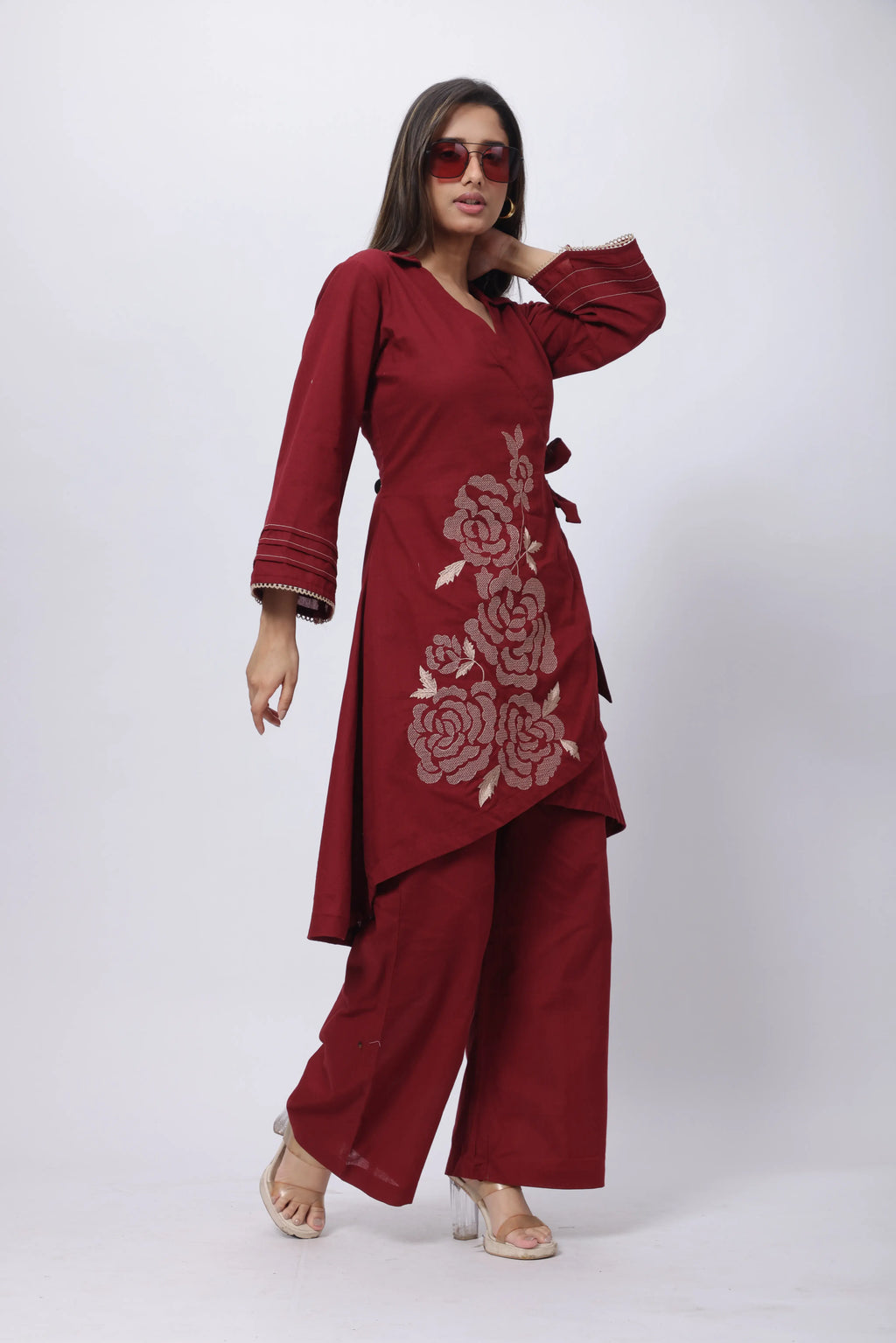 Embroidered Co-ord Set in Maroon