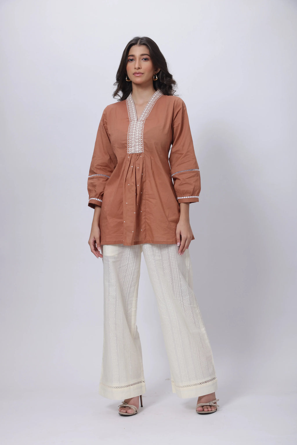 Embroidered Short Length Kurti in Biscuit Brown