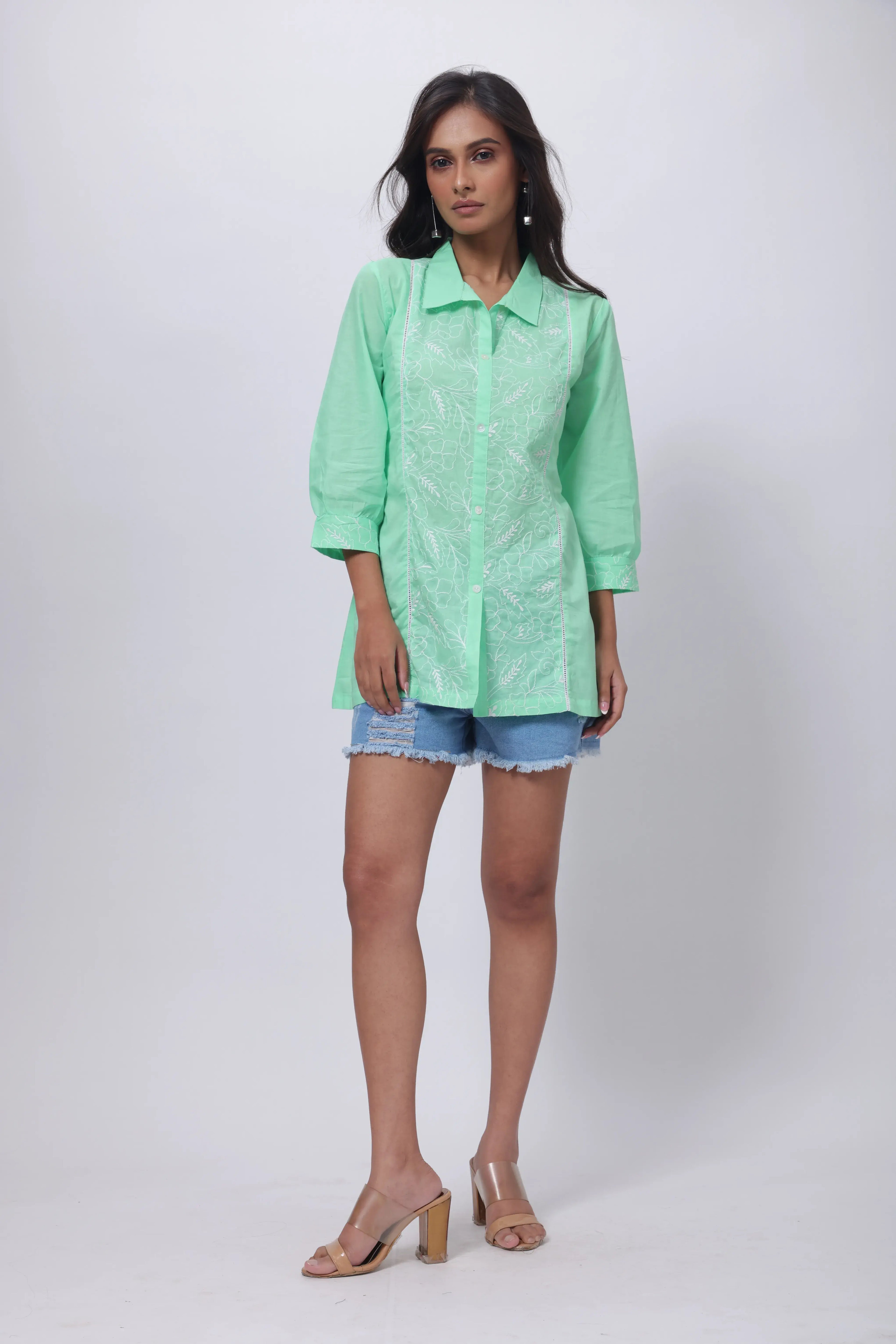 Embroidered Short Length Kurti in Mint Green
