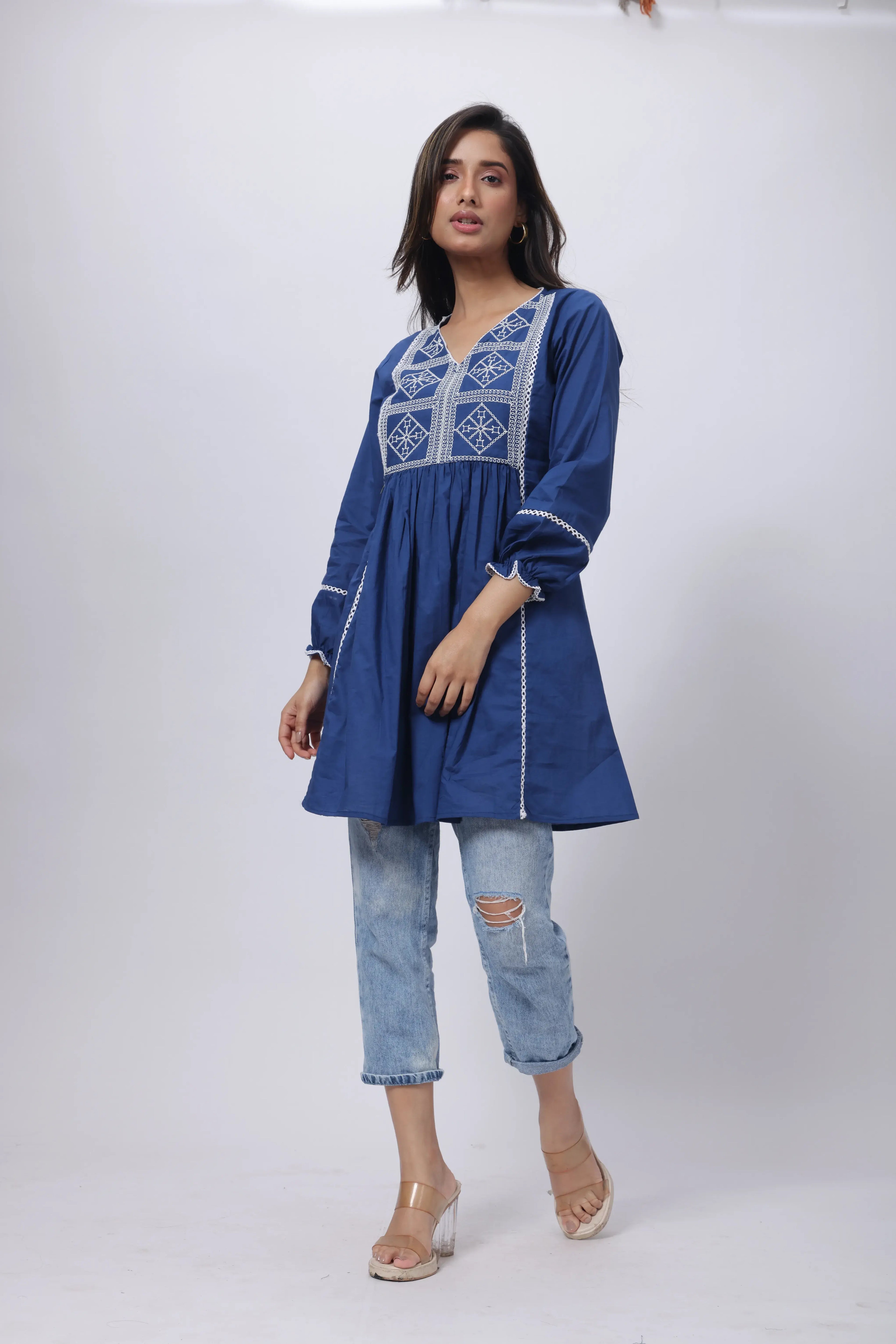 Prussian Blue Short Length Kurti - Embroidered Short Length Kurti in Prussian Blue