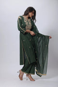 Olive Green 3 Piece Suit Set - Embroidered Three Piece Suit Set in Forest Green