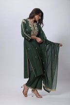 Olive Green 3 Piece Suit Set - Embroidered Three Piece Suit Set in Forest Green