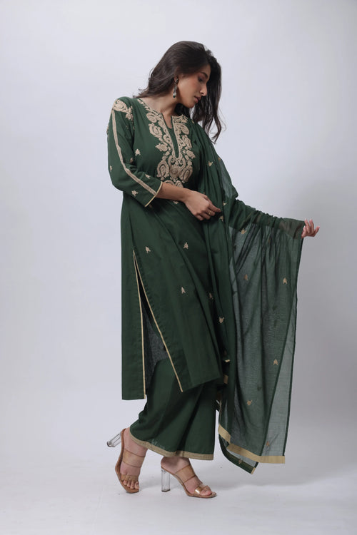Olive Green 3 Piece Suit Set - Embroidered Three Piece Suit Set in Forest Green