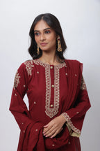 Maroon 3 Piece Suit Set - Embroidered Three Piece Suit Set in Maroon
