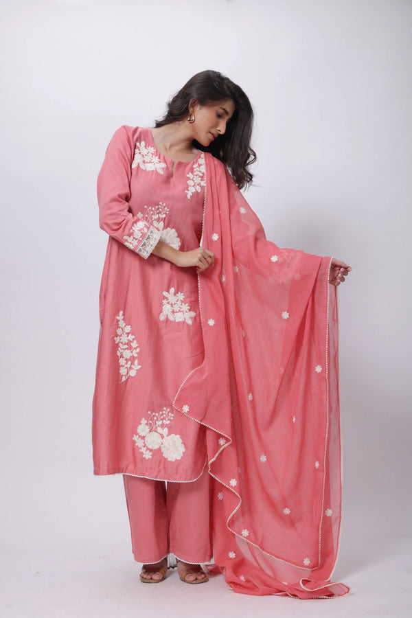 Embroidered Three Piece Suit Set in Onion Pink