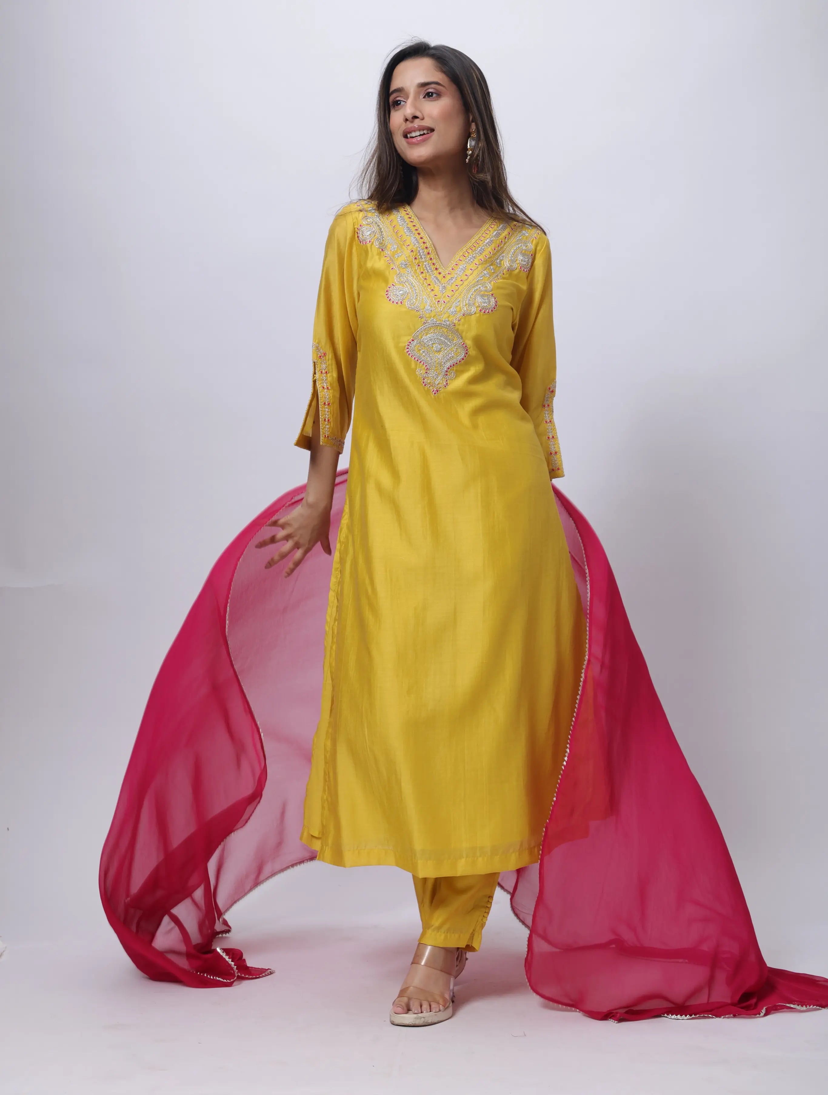 Mango Yellow 3 Piece Suit Set - Embroidered Three Piece Suit
 Set with a Contrast Dupatta in Mango Yellow