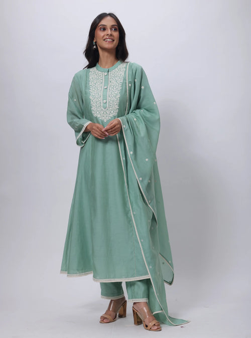 Sage Green 3 Piece Suit Set - Embroidered Three Piece Suit in Sage Green