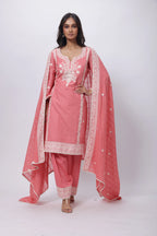 Onion Pink 3 Piece Suit Set - Embroidered and Textured Three Piece Suit Set in Onion Pink