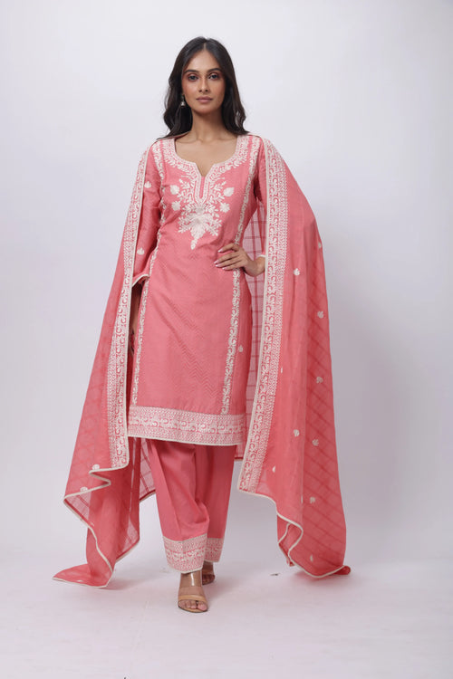 Onion Pink 3 Piece Suit Set - Embroidered and Textured Three Piece Suit Set in Onion Pink