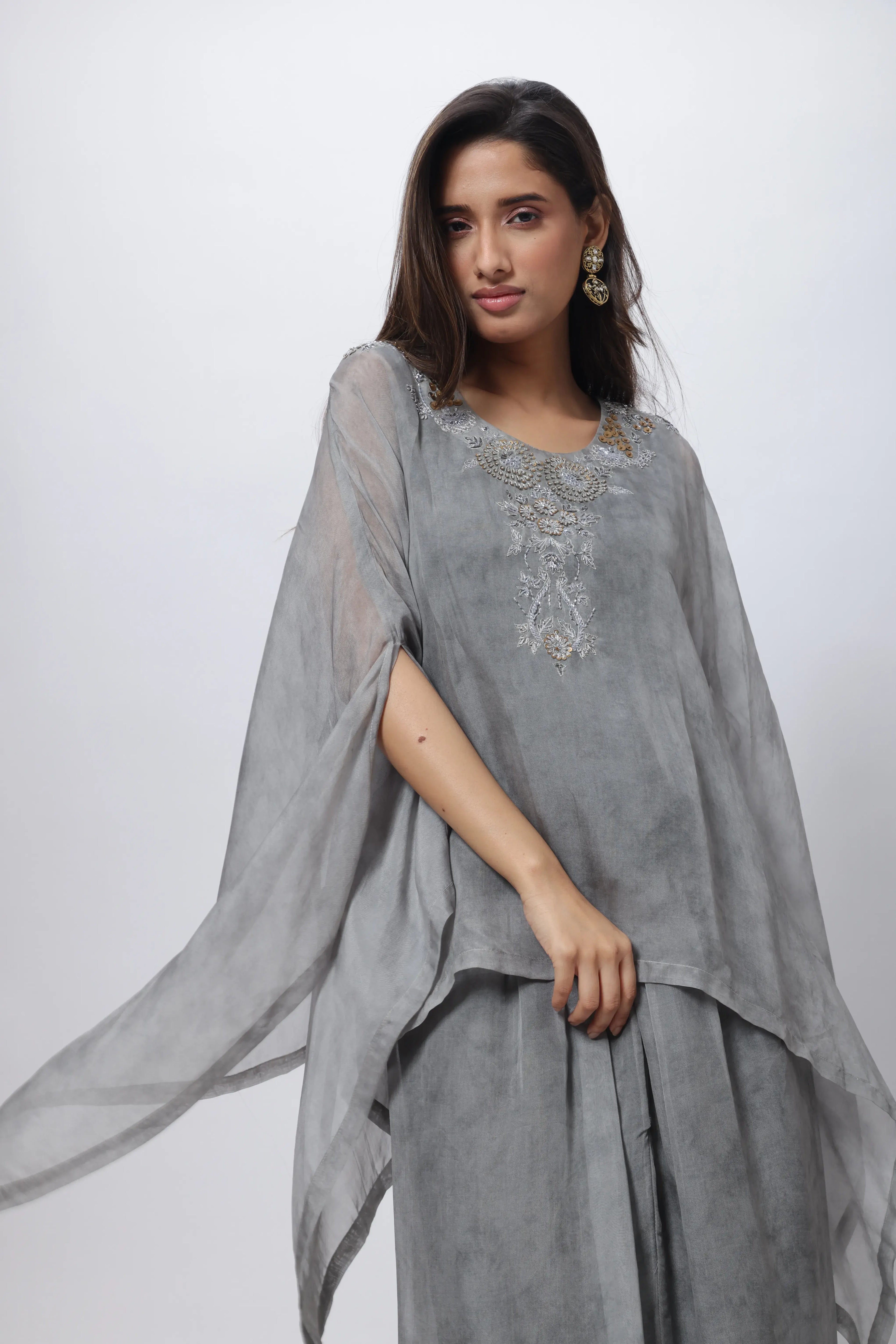 Steel Grey Indo Western Set - Kaftan Styled Coord Set in Steel Grey