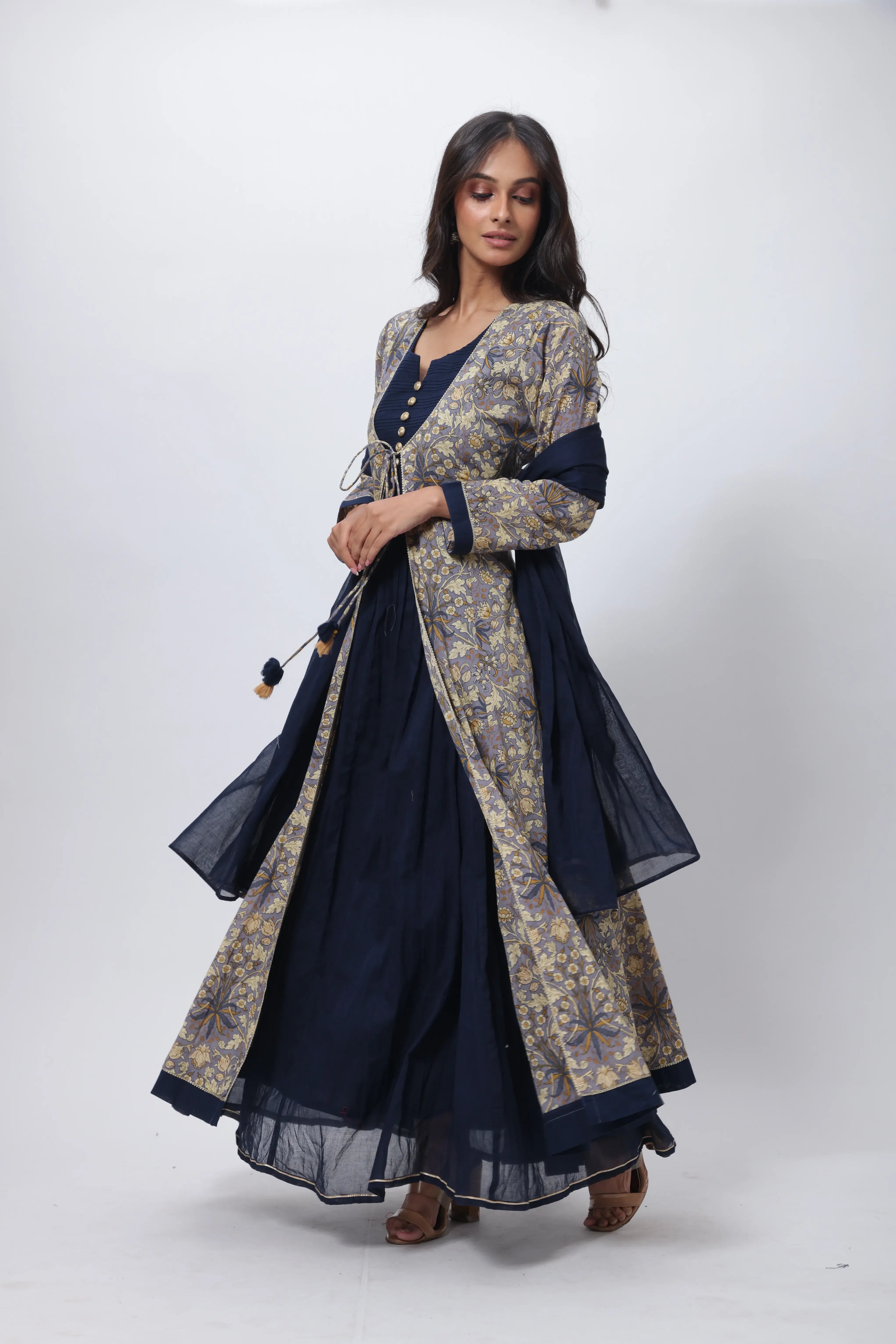 Blue 3 Piece Gown - Printed Three Piece Gown in Blue