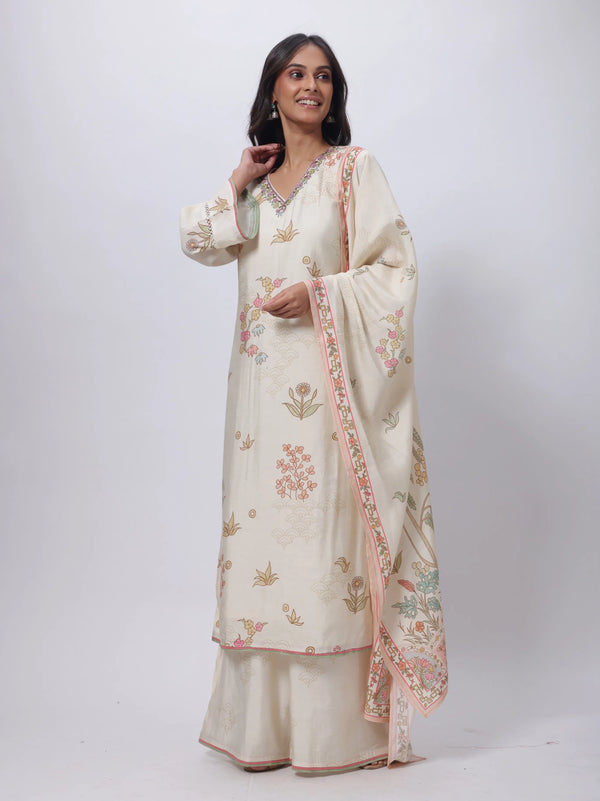 Ecru 3 Piece Suit Set - Printed Three Piece Suit Set in Ecru