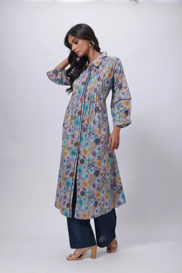Printed Two Piece Suit Set in Navy Blue