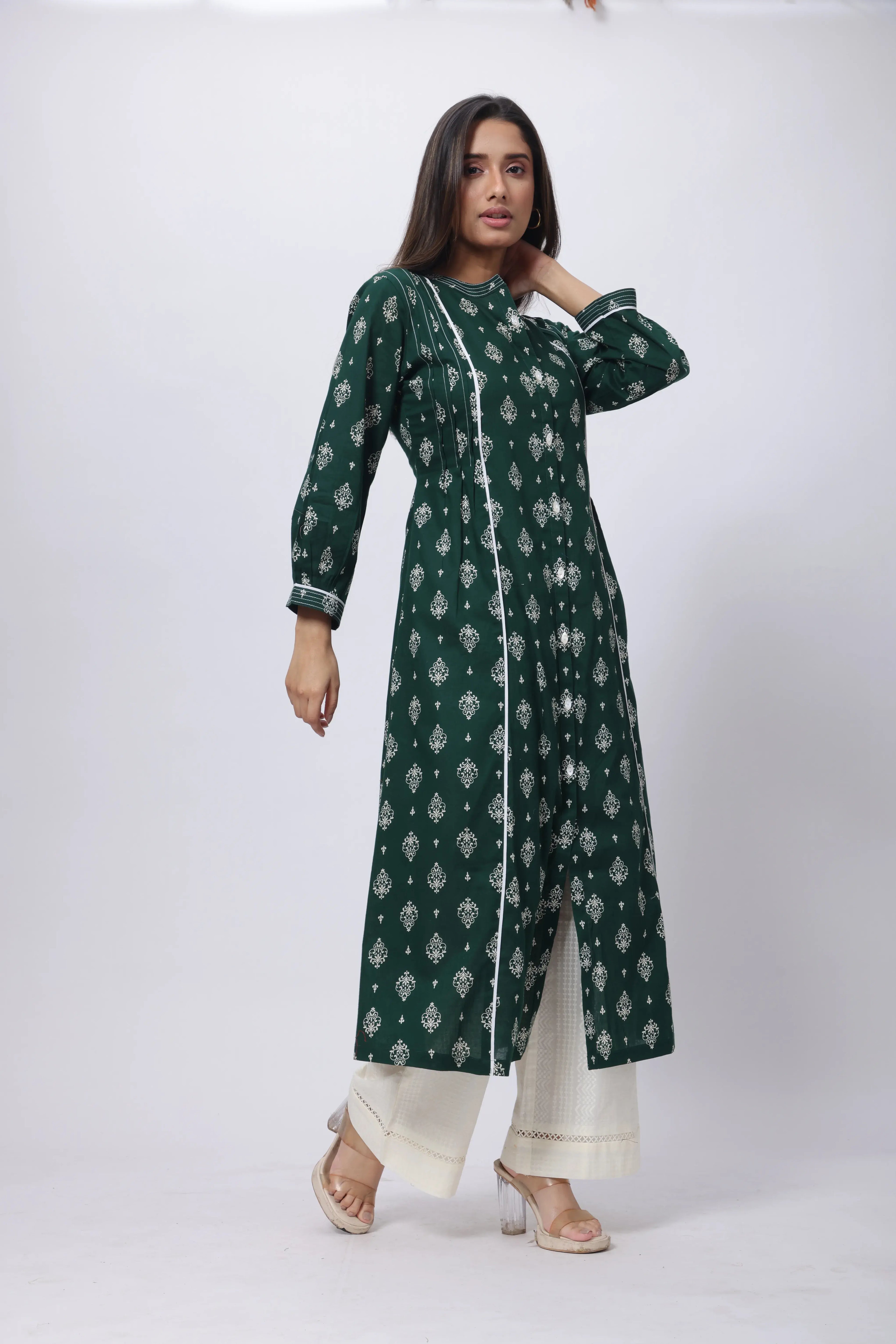 Emerald Green Long Length Kurti - Printed Long Length Kurti in Emerald Green