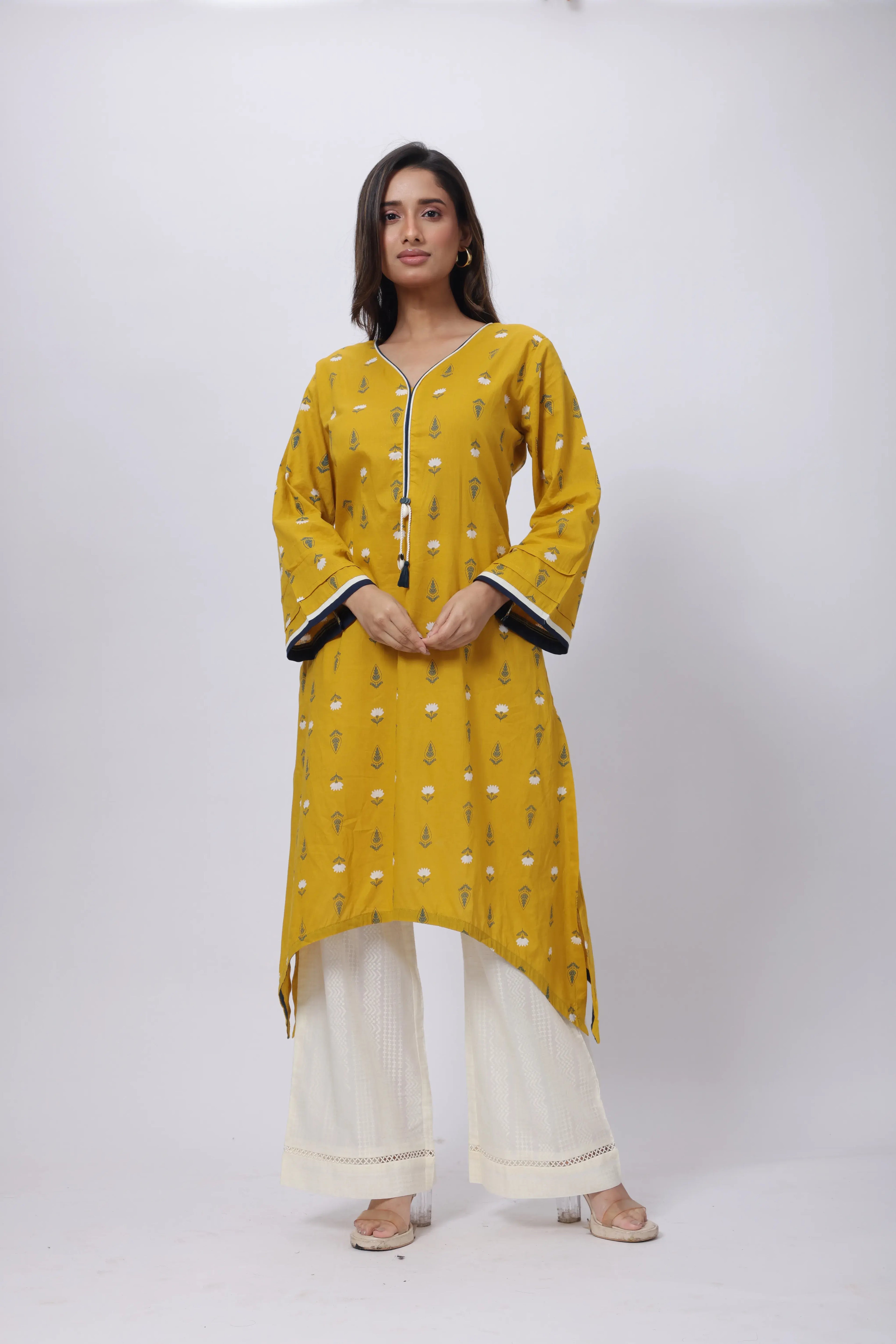 Mustard Long Length Kurti - Printed Long Length Kurti in Mustard Yellow
