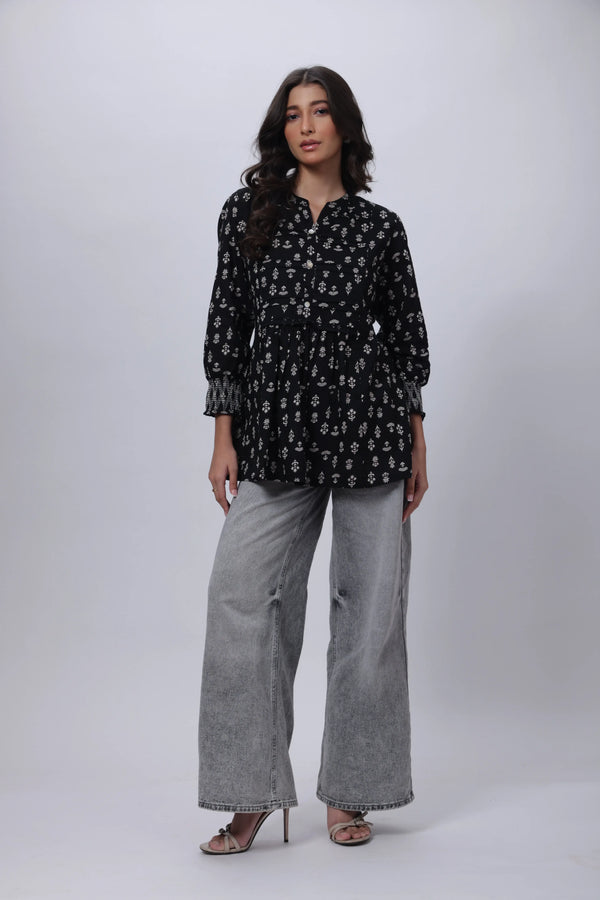 Black Short Length Kurti - Printed Short Length Kurti in Black