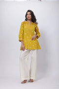 Printed Short Length Kurti in Mustard Yellow