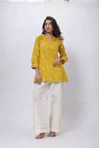 Printed Short Length Kurti in Mustard Yellow
