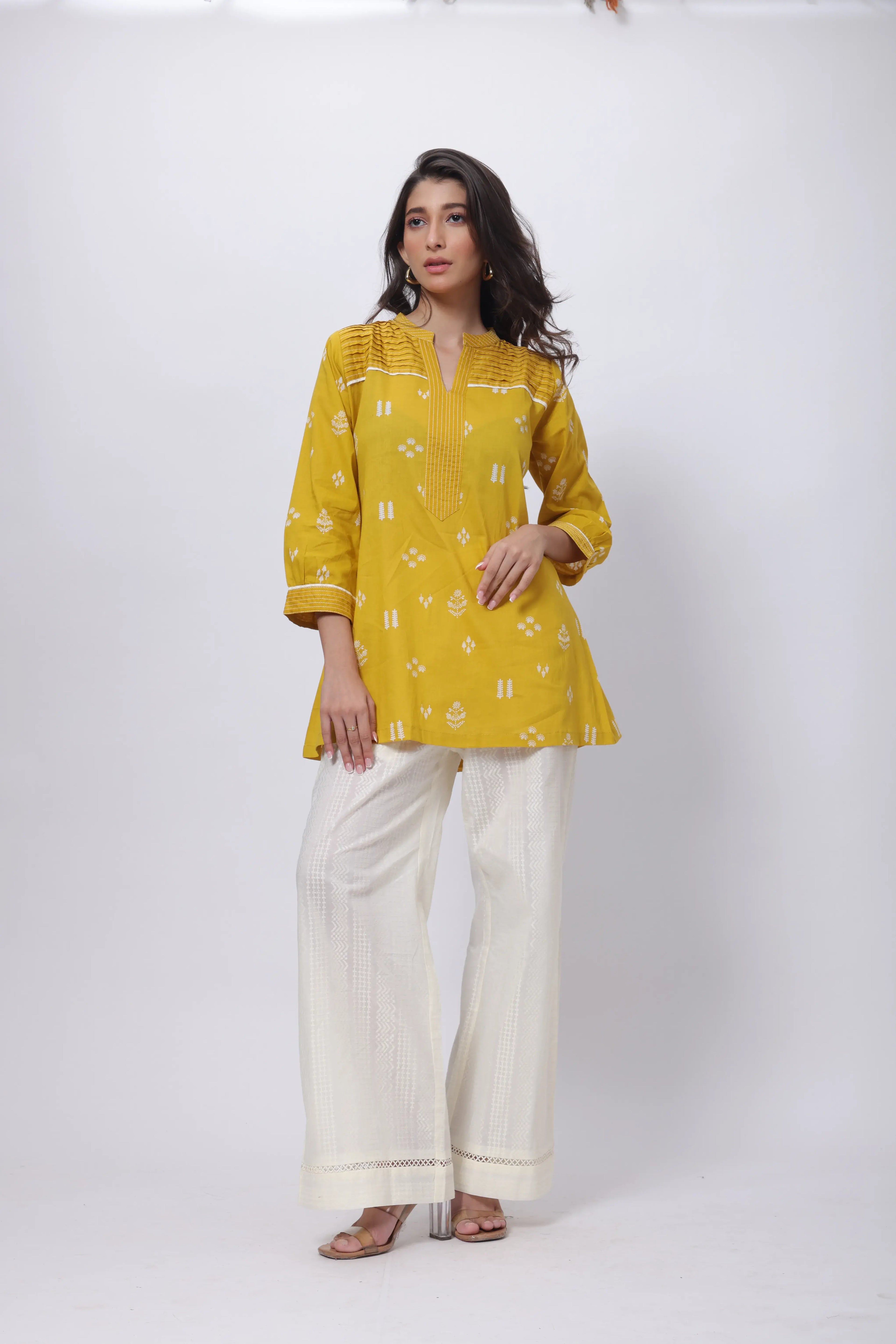 Printed Short Length Kurti in Mustard Yellow