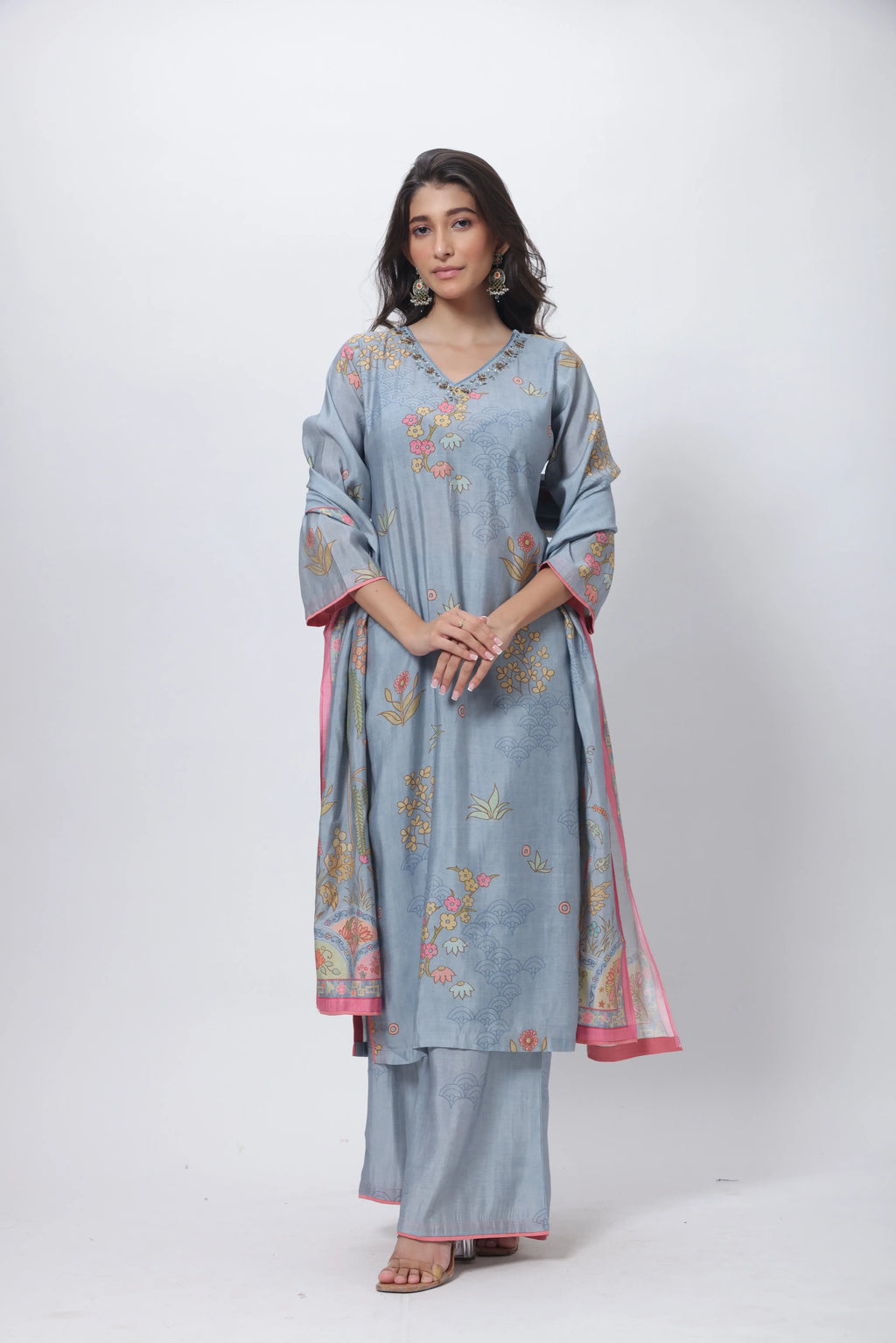 Printed Three Piece Suit Set in Steel Grey