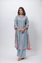 Printed Three Piece Suit Set in Steel Grey