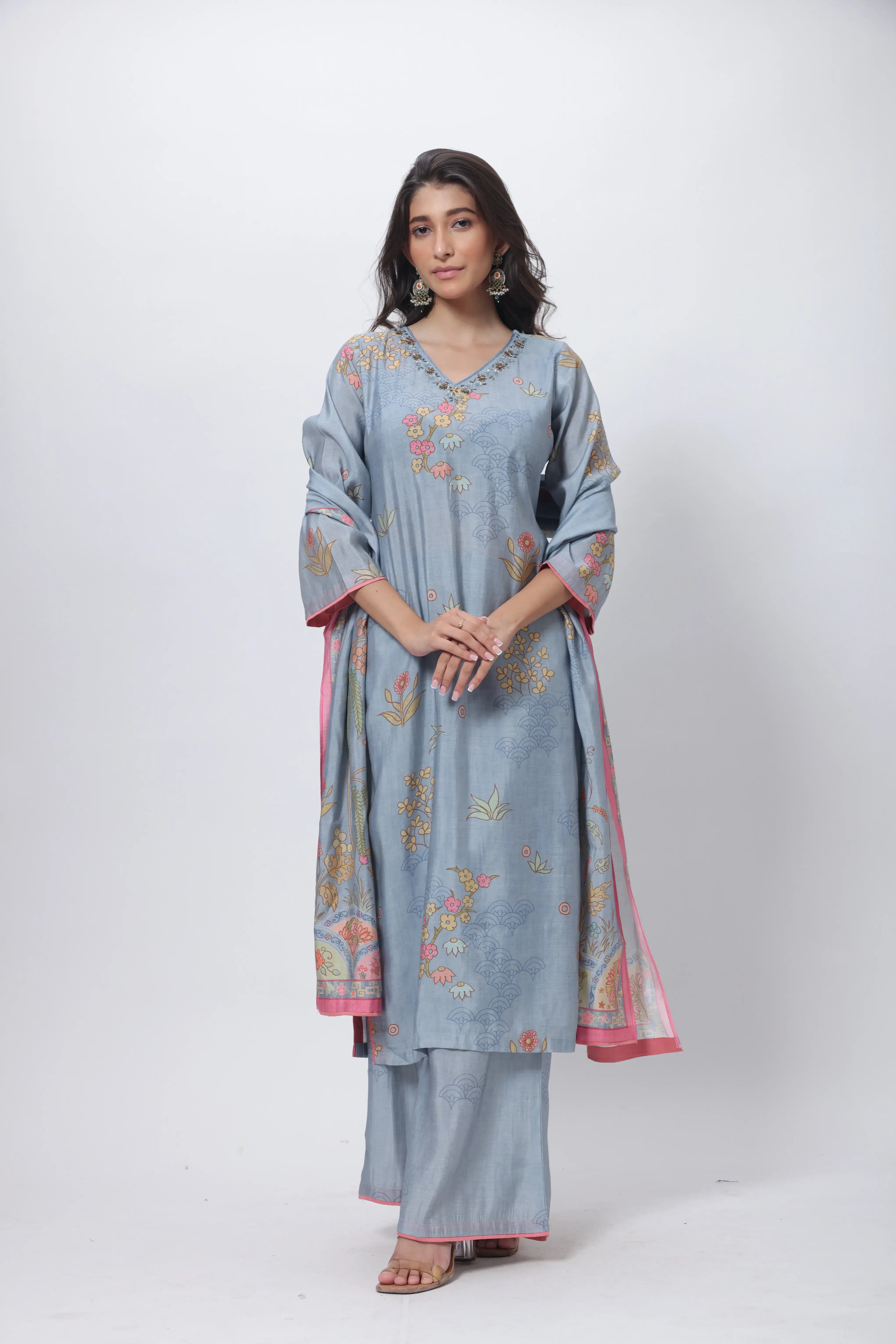 Printed Three Piece Suit Set in Steel Grey