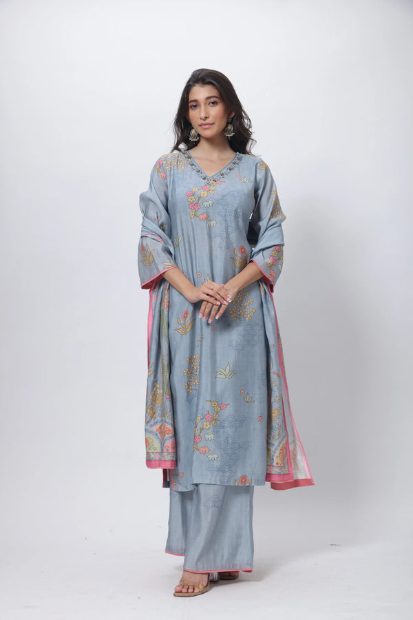 Printed Three Piece Suit Set in Steel Grey