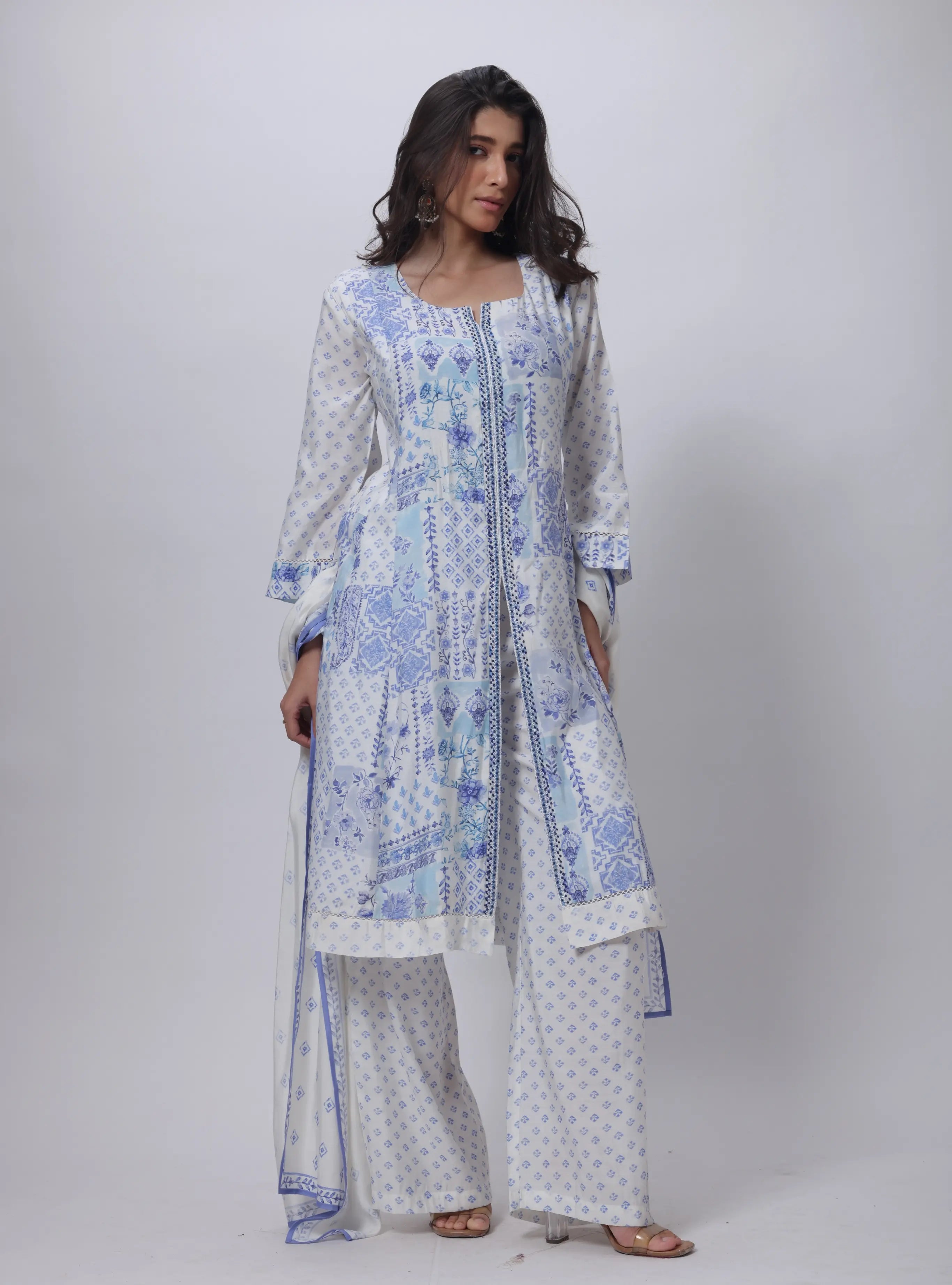 White and Blue 3 Piece Suit Set - Printed Three Piece Suit Set in White and Blue