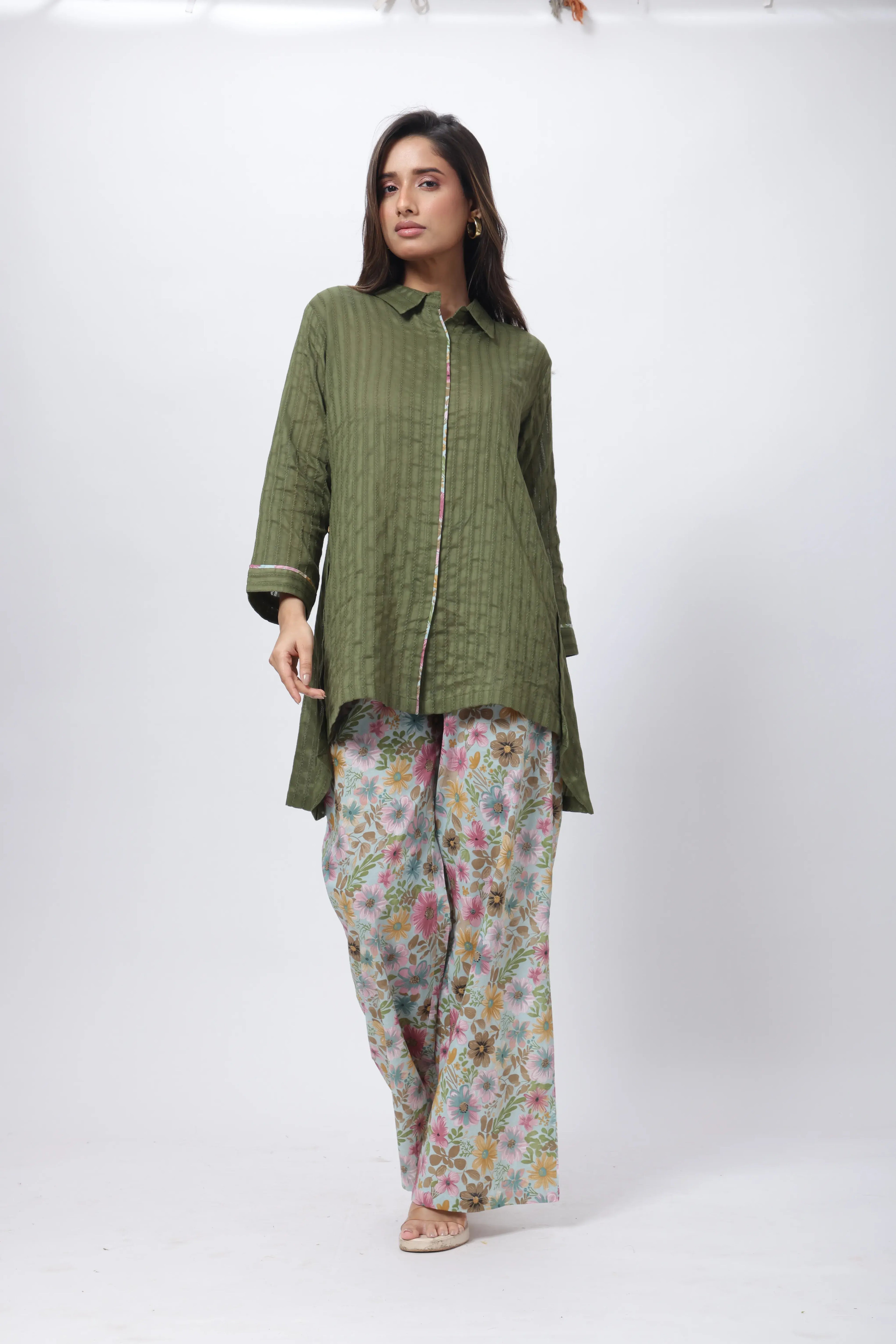 Printed and Textured Suit Set in Forest Green