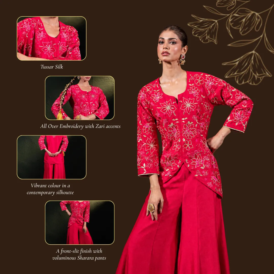 Embroidered Suit Set in Fuchsia Pink