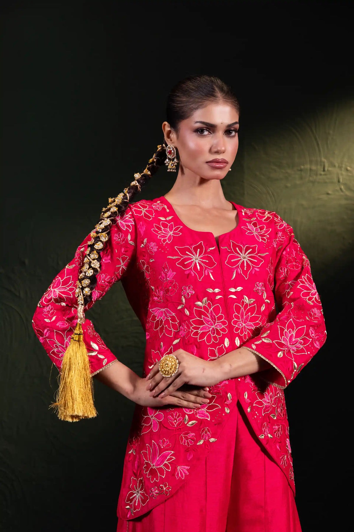 Embroidered Suit Set in Fuchsia Pink