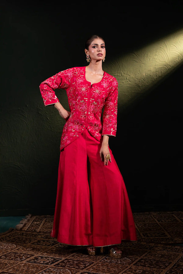 Embroidered Suit Set in Fuchsia Pink