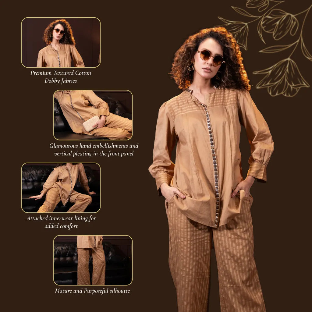 Embroidered Co-ord Set in Biscuit Brown