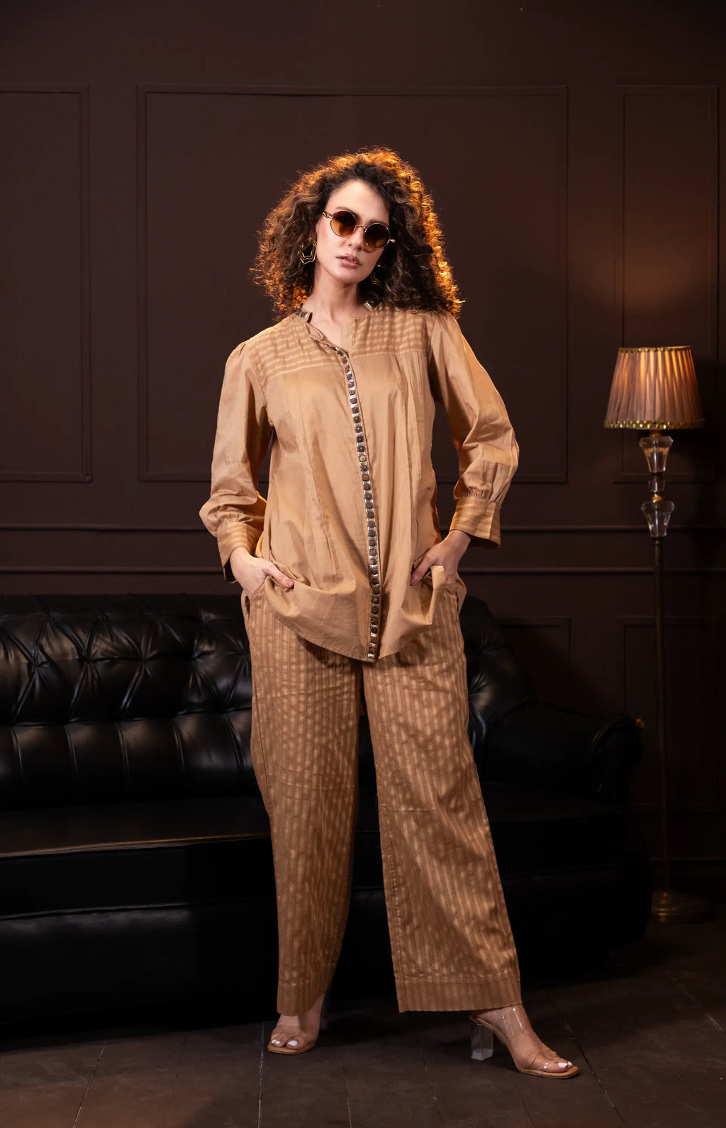 Embroidered Co-ord Set in Biscuit Brown