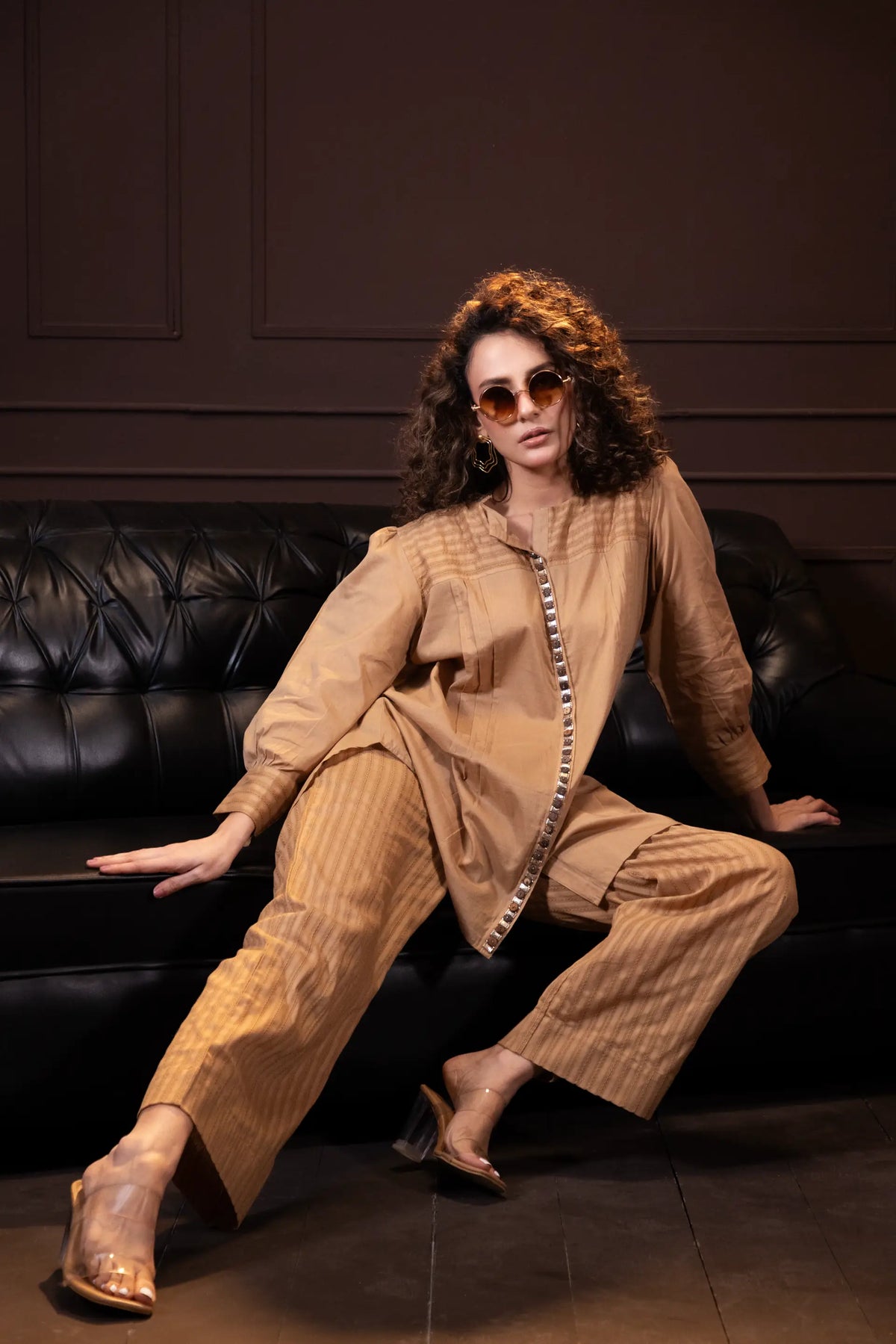 Embroidered Co-ord Set in Biscuit Brown