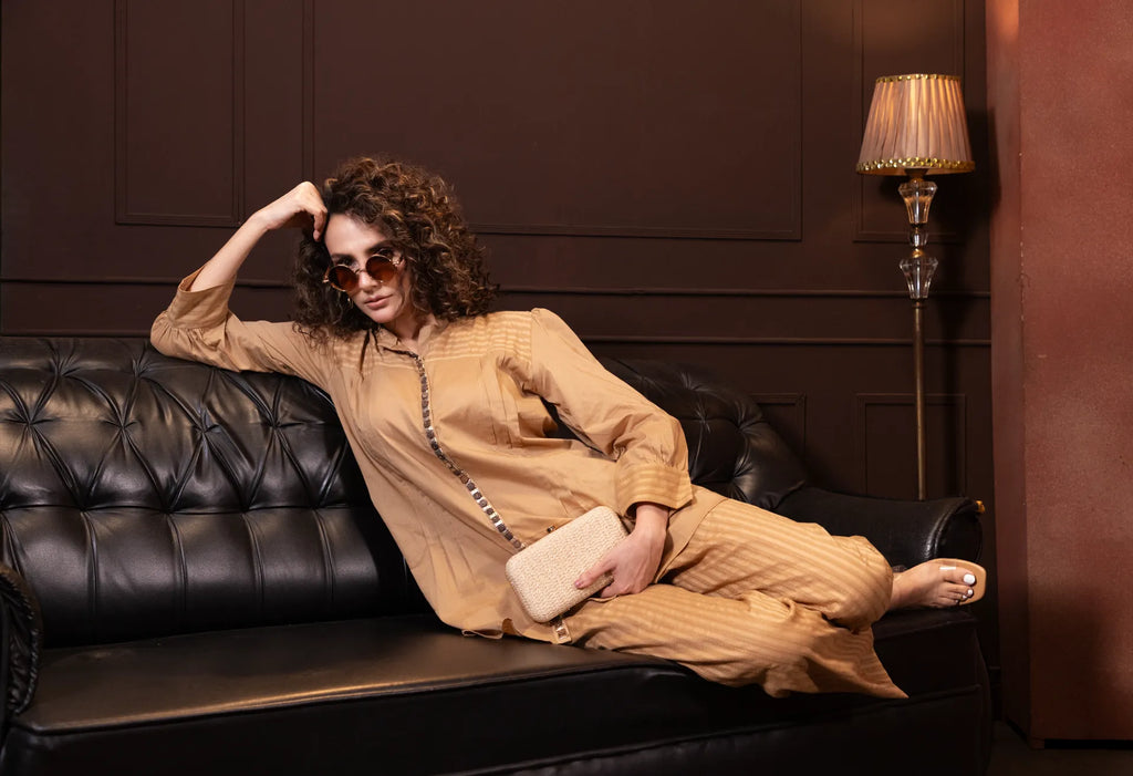 Embroidered Co-ord Set in Biscuit Brown