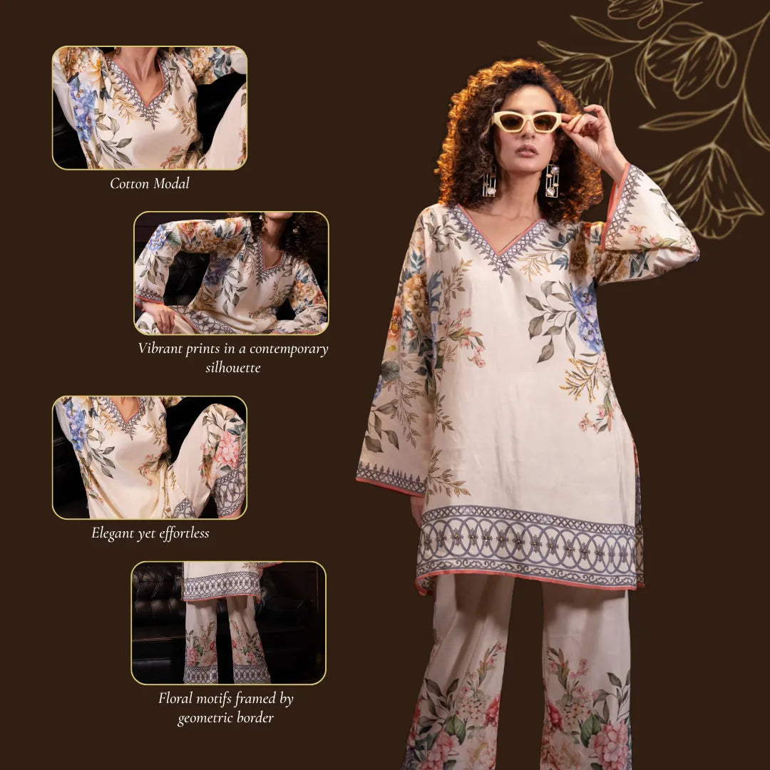Printed Indo Western Set in Ecru