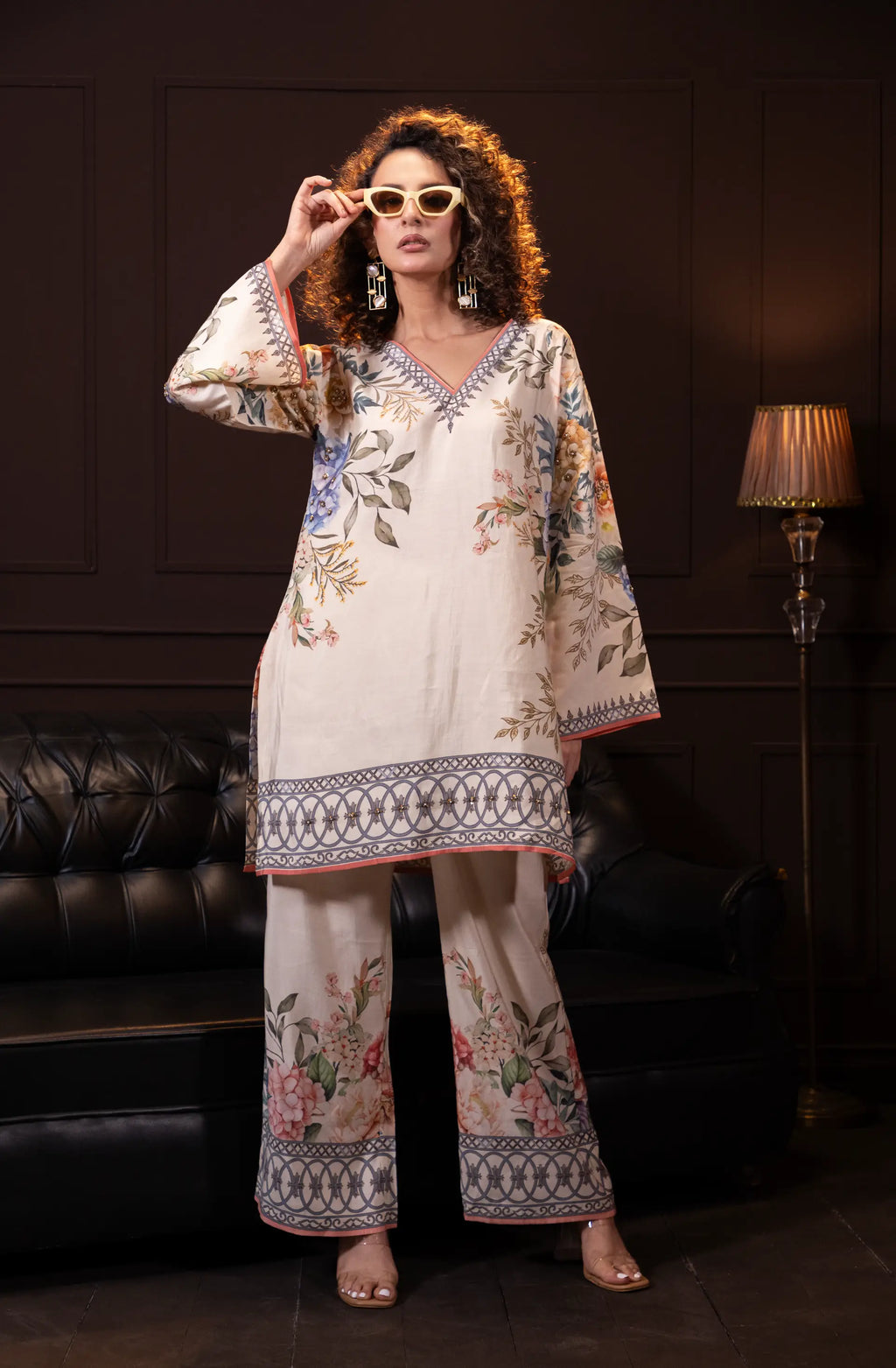 Printed Indo Western Set in Ecru