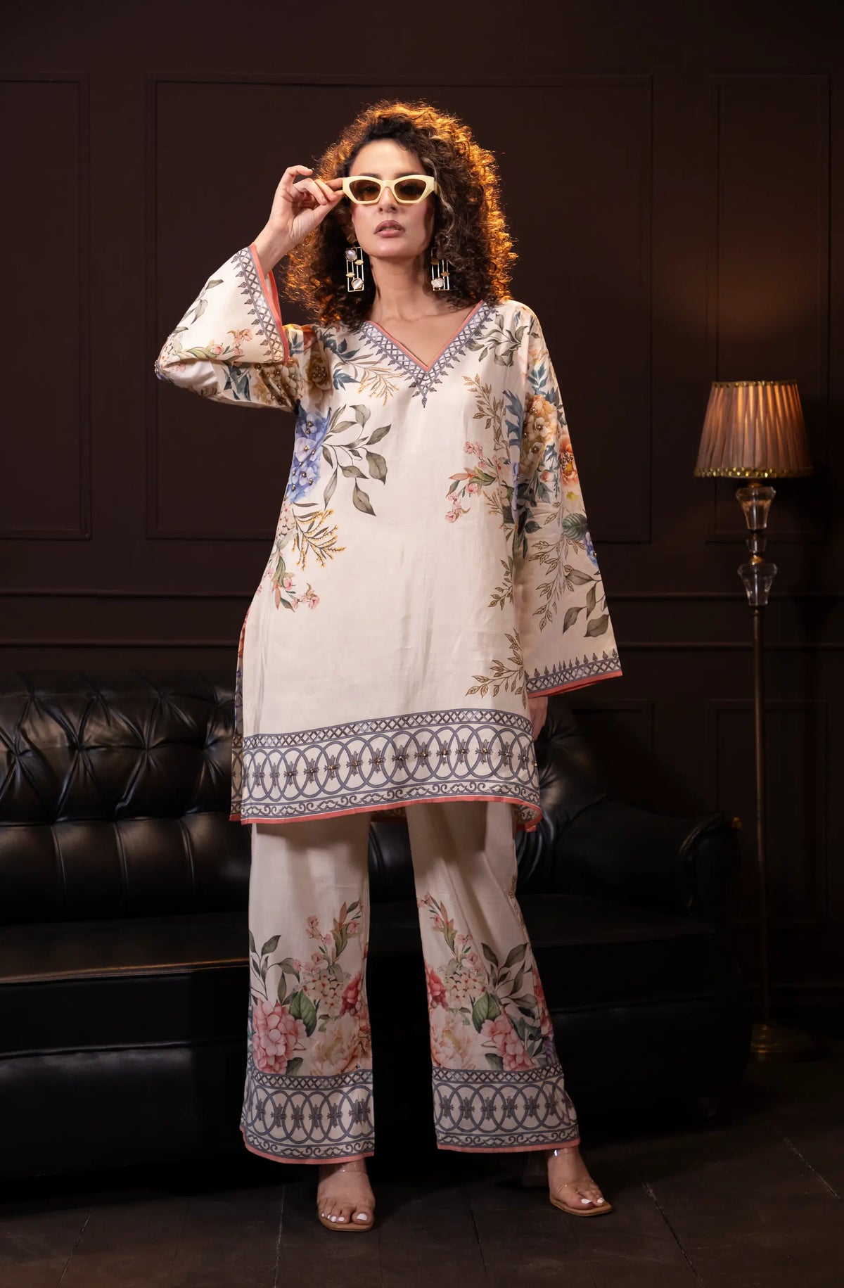 Printed Indo Western Set in Ecru