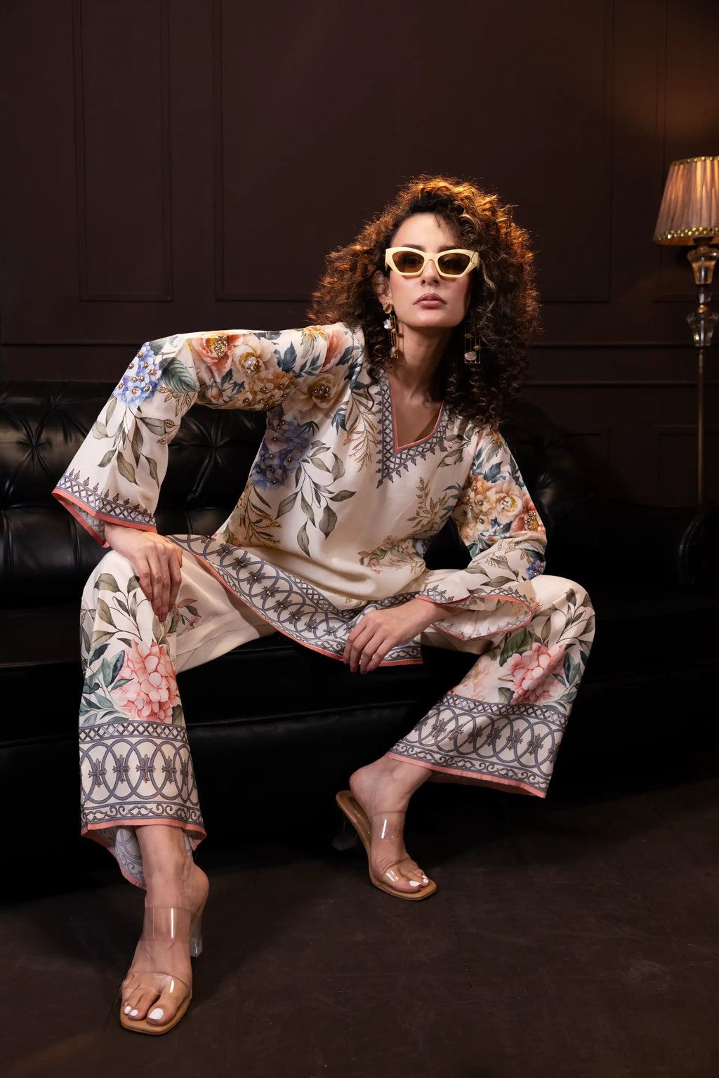 Printed Indo Western Set in Ecru