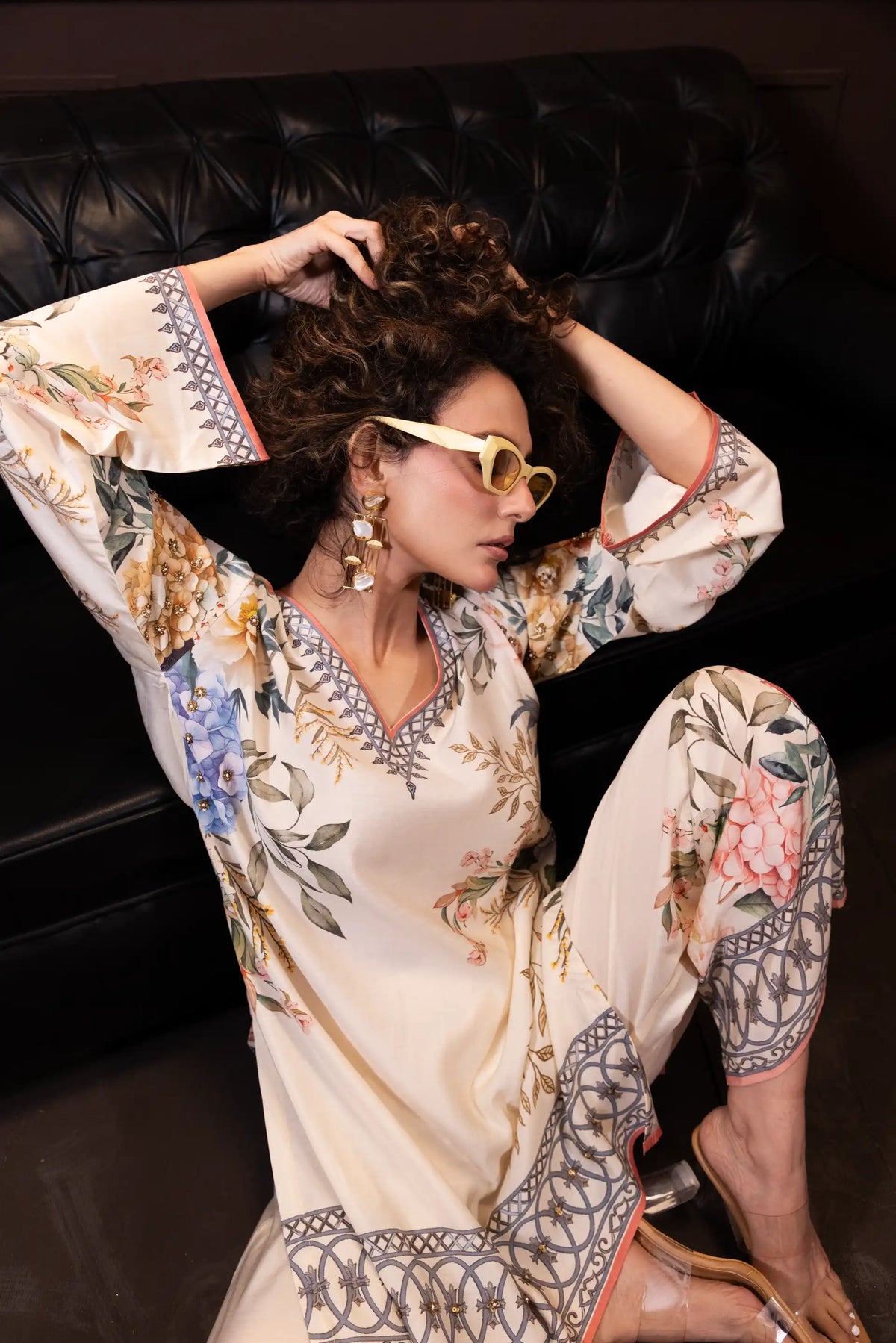 Printed Indo Western Set in Ecru