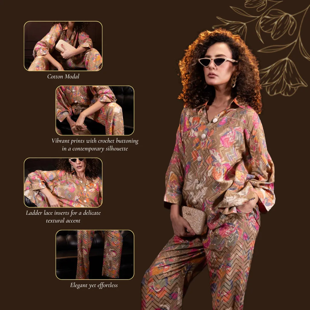 Printed Indo Western Set in Biscuit Brown