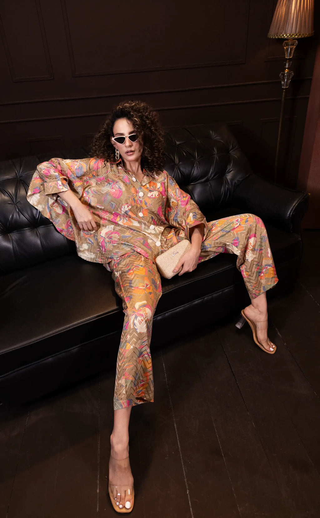 Printed Indo Western Set in Biscuit Brown