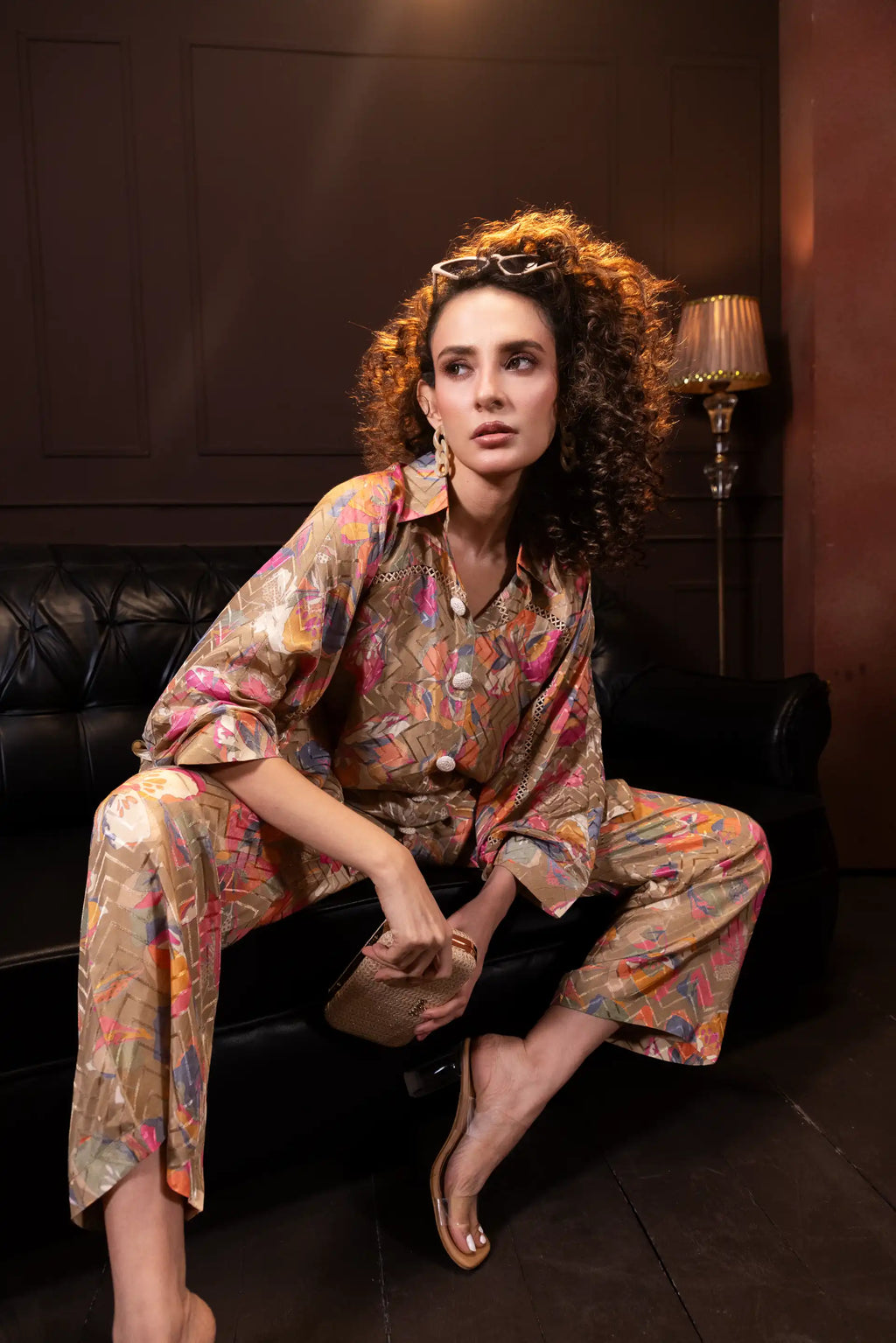 Printed Indo Western Set in Biscuit Brown