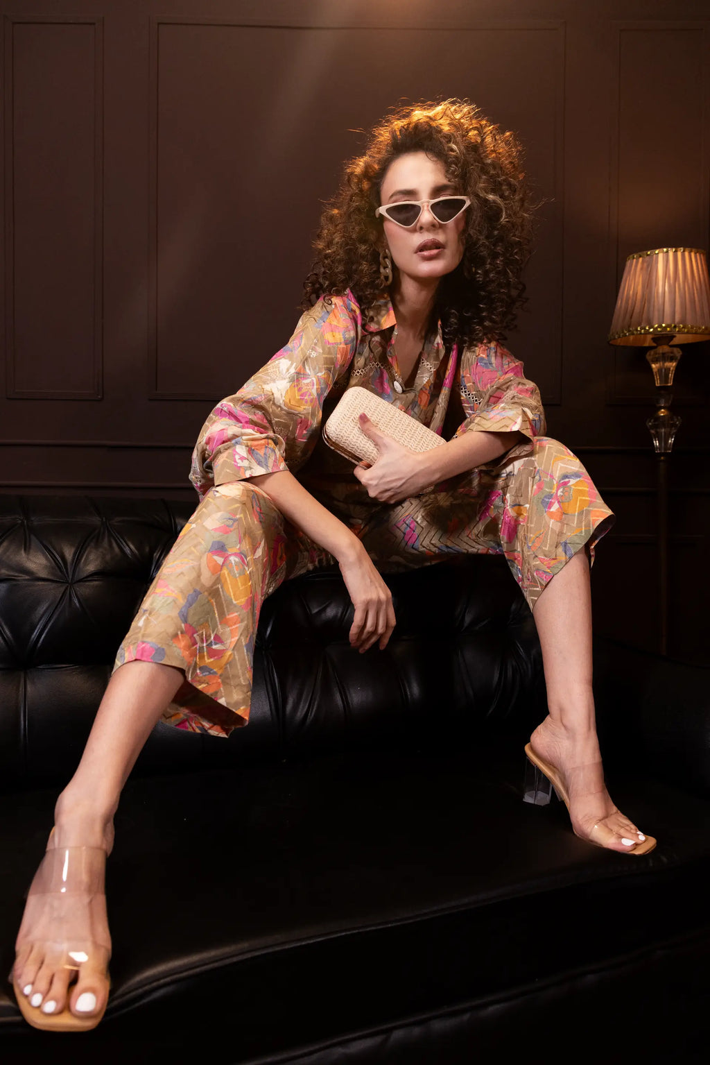 Printed Indo Western Set in Biscuit Brown