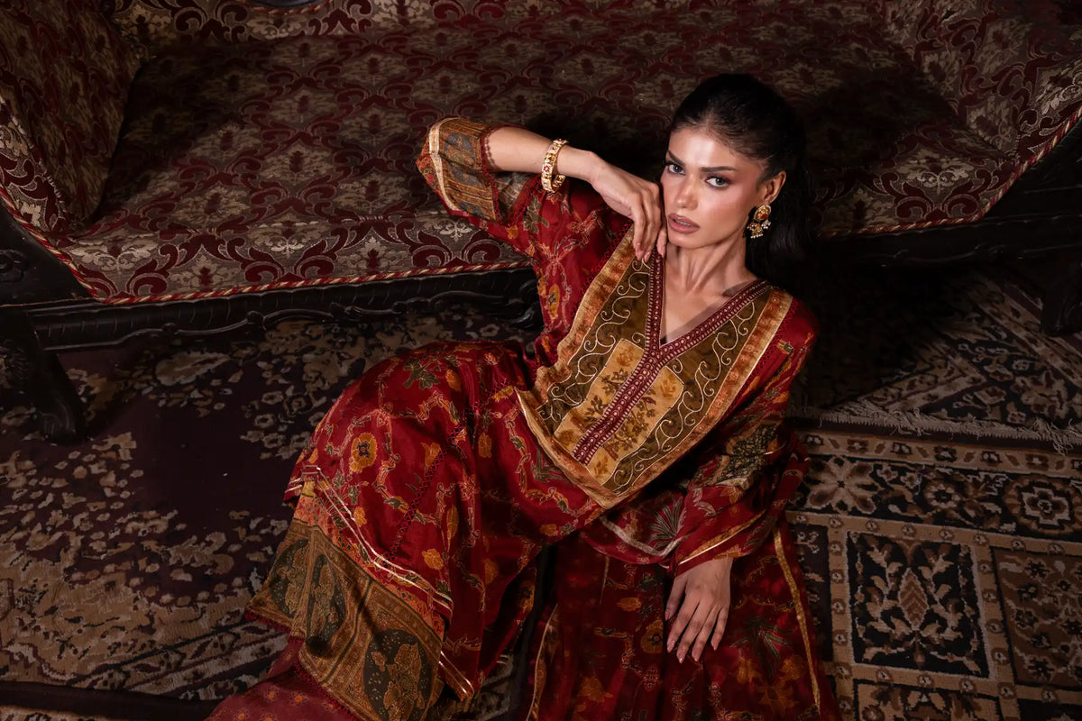 Printed Three Piece Set in Maroon