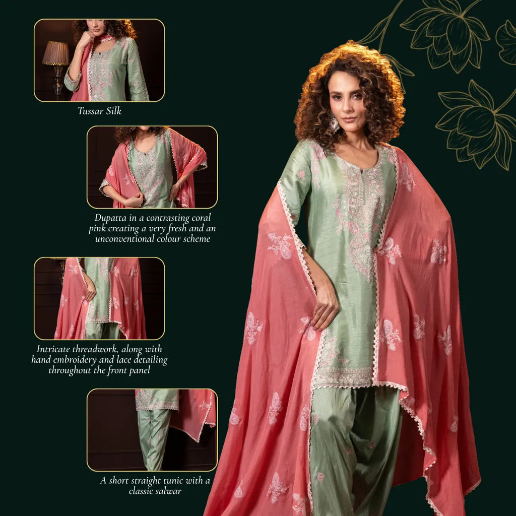 Embroidered Three Piece Set in Sage Green SH