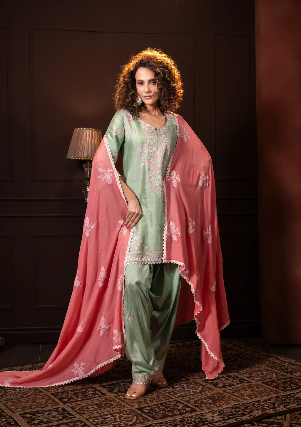 Embroidered Three Piece Set in Sage Green SH