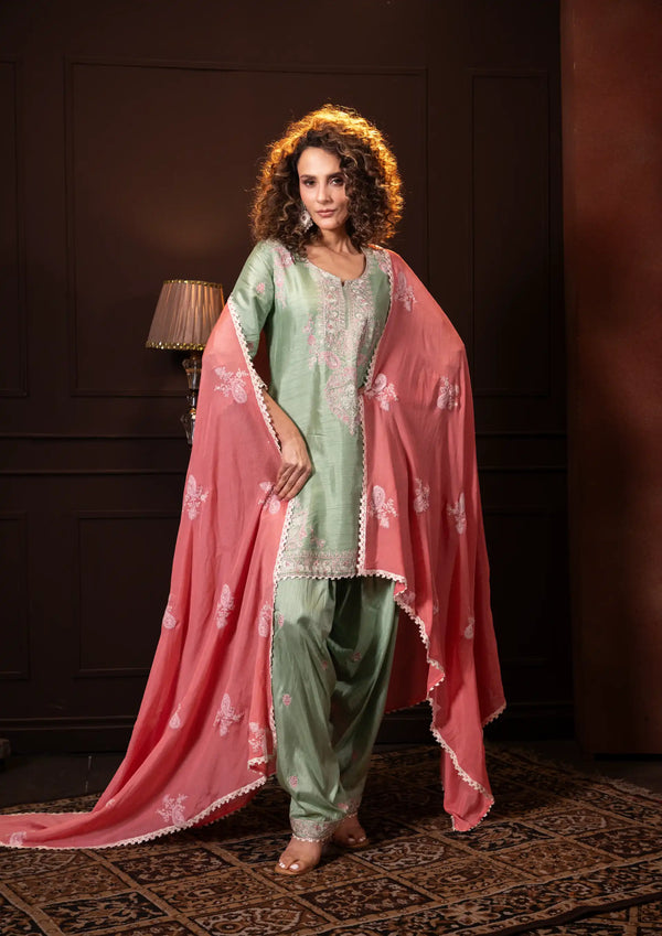 Embroidered Three Piece Set in Sage Green SH